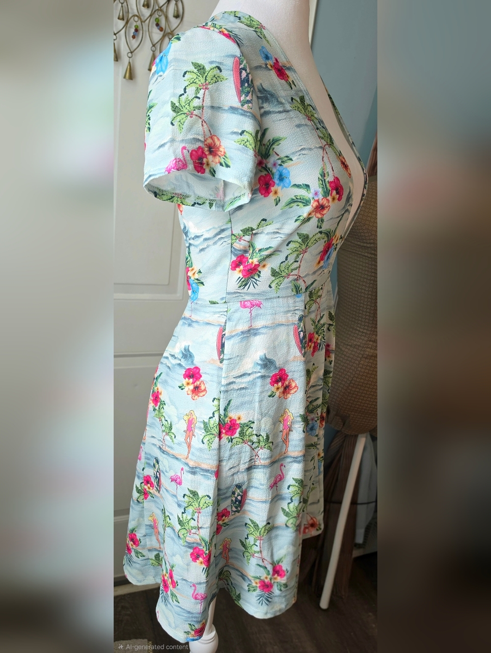 Show Me Your MuMu X Barbie Ibza Fit & Flare Mini Dress Womens S Light Blue Tropi - Picture 5 of 12